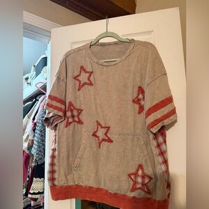 SHEIN Beige Pullover Top with Red Star Appliqués